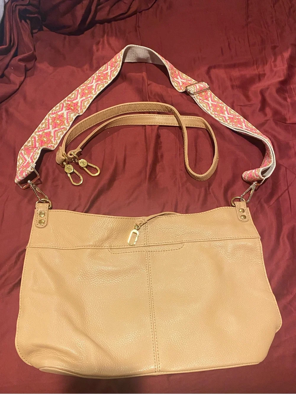 HOBO Tan Pebbled Leather Hobo with Patterned Adjustable Strap